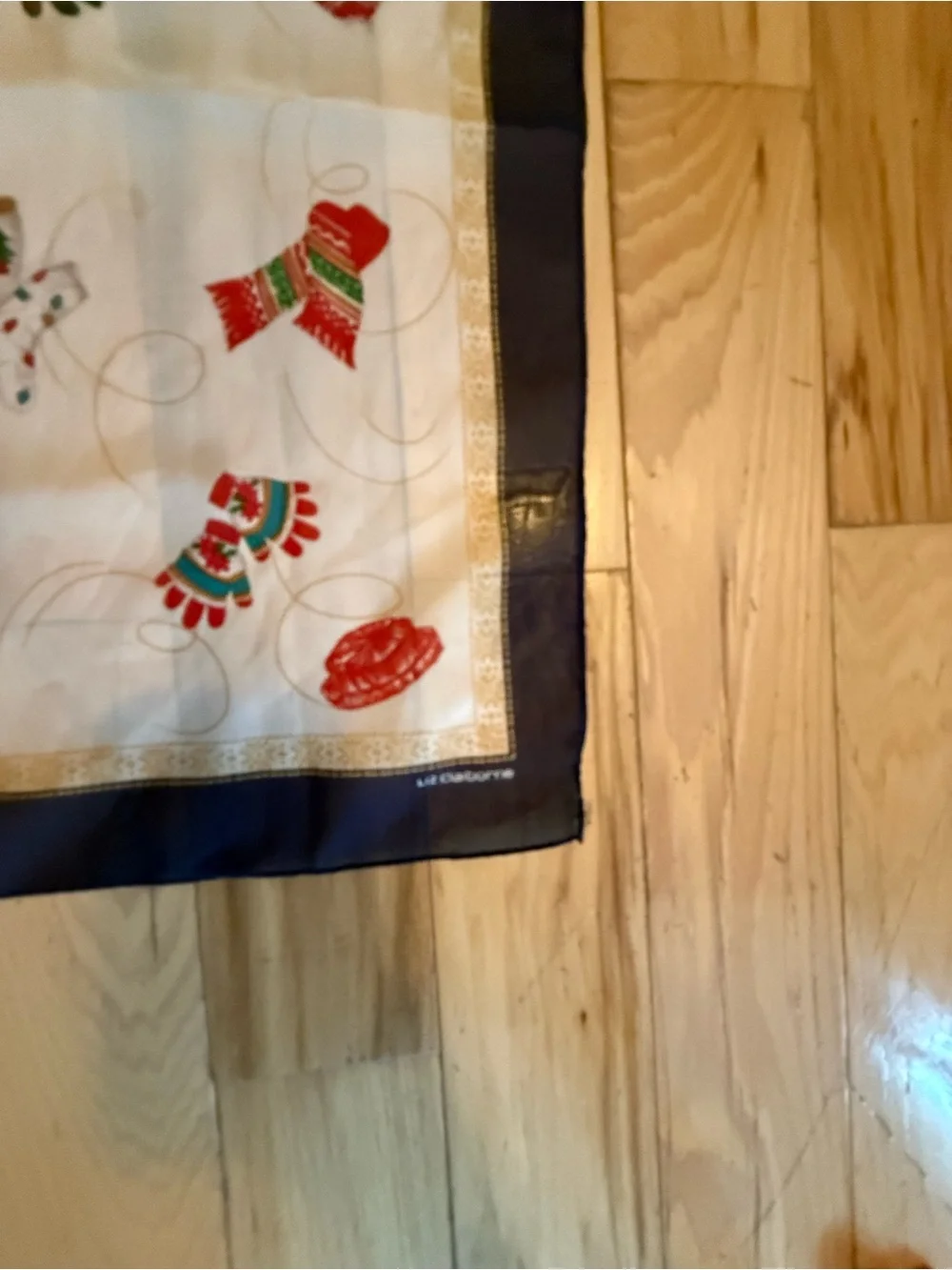 Vintage Liz Claiborne Christmas Winter Holiday Print Square Scarf Navy Blue